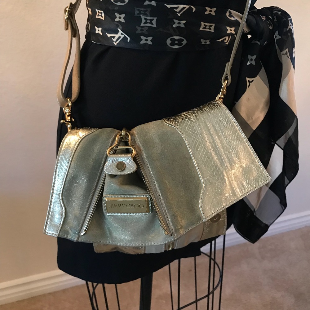 ♦️90% OFF! JIMMY CHOO Metallic Gold Leather and Snake EXPANDABLE CLUTCH - Picture 5 of 8